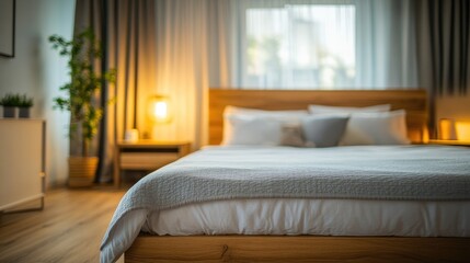 Canvas Print - Empty Wooden Table in Cozy Bedroom with Soft Light and Blurred Background Ideal for Interior Design or Home Decor Concepts