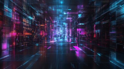 Poster - Vibrant digital light show virtual space 3d animation futuristic environment wide angle view abstract concept
