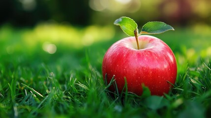 Canvas Print - Ripe red apple on vibrant green grass with soft sunlight creating a fresh natural atmosphere in a summer setting.