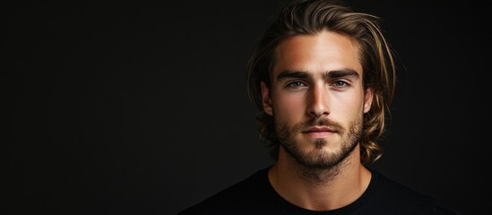 Poster - serious portrait of handsome young man with long wavy hair against dark black background emphasizing