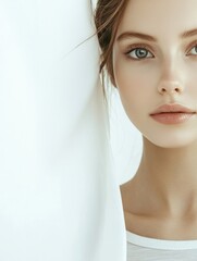 Wall Mural - Fresh portrait of a young woman with soft features and captivating eyes, leaning against a white fabric backdrop, ideal for text overlay.