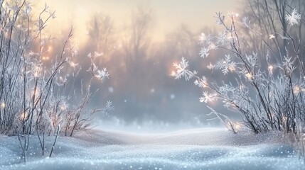 Poster - Winter wonderland scenery with snowflakes tranquil forest digital art serene atmosphere aesthetic viewpoint