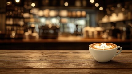 Sticker - Wooden Table with Coffee Cup and Blurred Coffee Shop Background Ideal for Product Display and Marketing Use