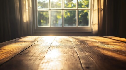 Canvas Print - Sunlit Empty Wooden Table in Front of a Window with Natural Light and Soft Shadows Inviting a Calm Atmosphere