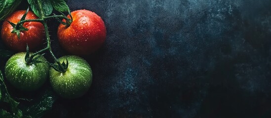 Wall Mural - Tomatoes on Vine in Organic Farm Setting Featuring Green and Red Varieties with Dark Background and Space for Text or Branding