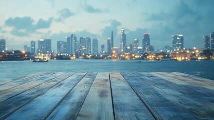 Canvas Print - Wooden table with blurred city skyline and ocean background ideal for product display and montage purposes