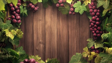 Sticker - Ripe grapes surrounded by green leaves with a wooden fence background highlighting natural beauty and healthy lifestyle concepts