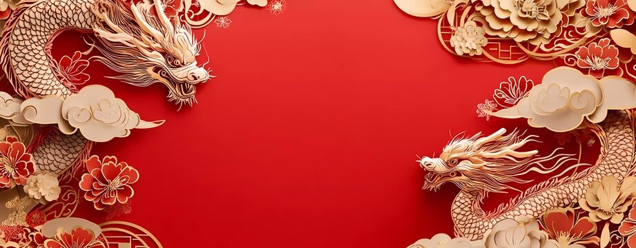 Chinese New Year banner with paper-cut style dragon and clouds, red background, geometric shapes, golden line decorations, traditional flower pattern border,