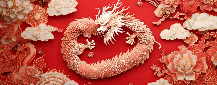 Chinese New Year banner with a paper-cut style dragon and clouds, a red background. The left side has traditional Chinese patterns and floral decorations. 