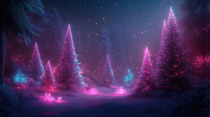 Poster - Magical winter wonderland light show enchanted forest digital art nighttime panoramic view holiday spirit