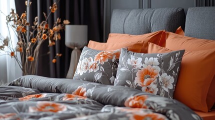 Sticker - Elegant bed with floral textiles in gray and terracotta featuring fresh peonies for a serene sleep environment and cozy design aesthetic