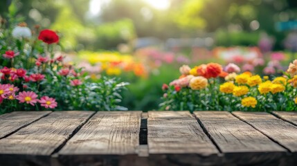 Canvas Print - Wooden Tabletop with Vibrant Flower Garden Background Ideal for Product Display and Marketing Montage