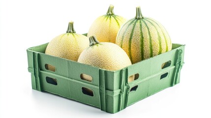 Wall Mural - Crown Melons in Green Carton Box Fresh Produce Display Isolated on White Background