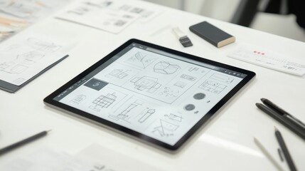 Poster - Creative design process workspace digital sketching modern office top-down view innovation unleashed
