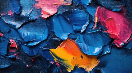 Aufkleber - Vibrant Abstract Background with Thick Textured Acrylic Brush Strokes in Dark Blue and Fluorescent Colors on Canvas for Artistic Designs