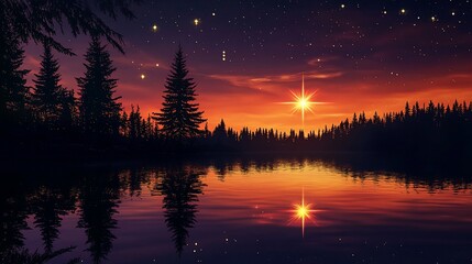 Wall Mural - A serene sunset over a lake, reflecting vibrant colors and a starry sky.