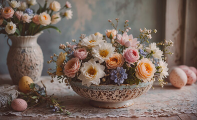 Poster - vase with flowers sits on a table next to a bowl with flowers. there are also some eggs on the table