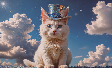 Poster - White cat wearing a hat and sitting on a carpet. The hat is blue and has a rabbit on it