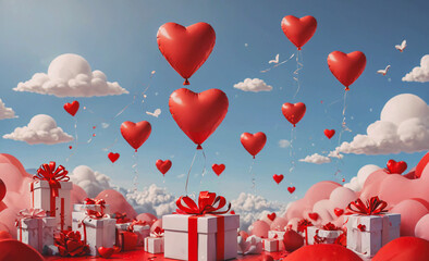 Poster - Bunch of red balloons with hearts on them are floating in the sky. There are also several white boxes with red ribbons on them