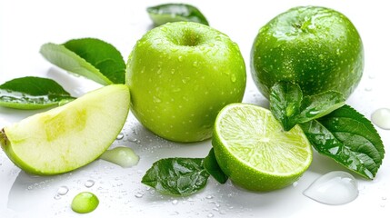 Sticker - Two green apples and a lime with water drops on a white background