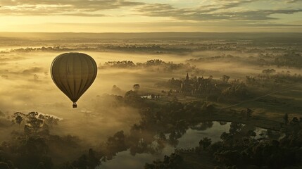 Poster - Hot air balloon soaring over misty landscape at sunrise.