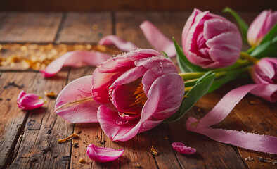 Poster - pink flower with a red center is on a wooden table. the flower is surrounded by a pink ribbon