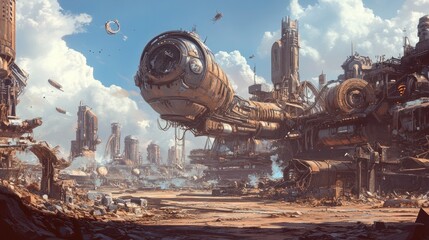 Wall Mural - Futuristic steampunk city ruins with a large, weathered airship.