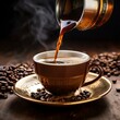 © Tedi S Photography - hot coffee being poured into ceramic coffee cup, beans on table dark background