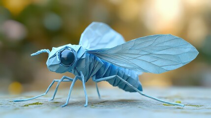 Wall Mural - Close-up of a light blue origami insect on a textured surface.