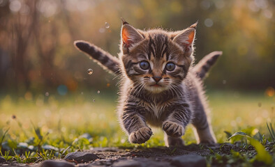 Poster - Kitten is running in the grass. It has a black and white striped tail. The kitten is looking at the camera