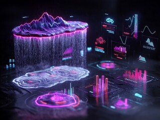 Poster - Captivating Fluid Topographic Rainfall Map with Vivid Atmospheric Data Visualizations and Dynamic Weather Art  Enchanting abstract digital featuring complex isobar contours