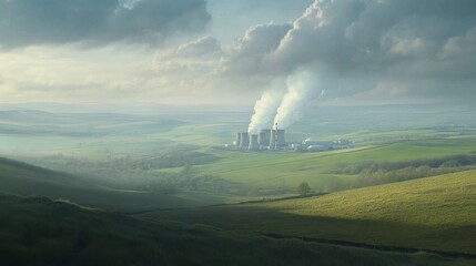 Wall Mural - Industrial power plant emissions rural landscape digital illustration atmospheric conditions aerial view environmental impact