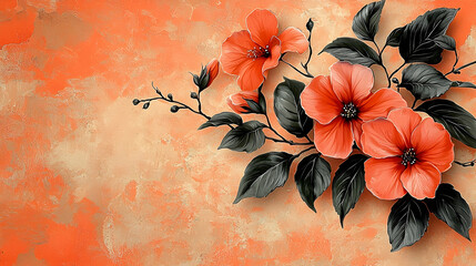 Wall Mural - orange hibiscus flowers branch textured background design element
