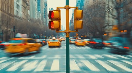 Poster - A traffic light at an intersection, with a blurred motion effect of cars passing by, highlighting the dynamic nature of urban transportation.