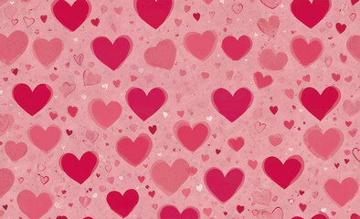 Poster - Pink background with many hearts. Some of the hearts are large and some are small. The hearts are scattered all over the background