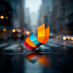 Poster - Mesmerizing holographic foil iridescent abstract motif with a dazzling spectrum of rainbow colors and prismatic flourishes creating a hypnotic kinetic flow in a moody twilight cityscape