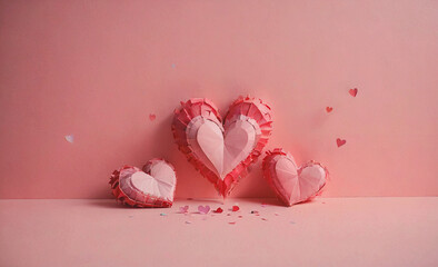 Poster - Three hearts are on a pink background. The hearts are made of paper and are pink in color