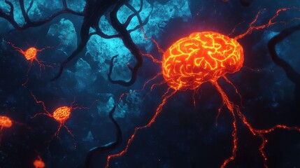Poster - Abstract representation of a digital brain with glowing neural pathways on a dark blue background, perfect for AI and tech concepts with copy space