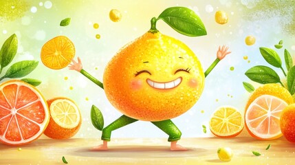 Canvas Print - Happy cartoon lemon character juggling citrus fruit slices.