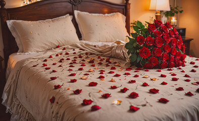 Aufkleber - Bed with a bouquet of red roses on it. The bed is covered in rose petals