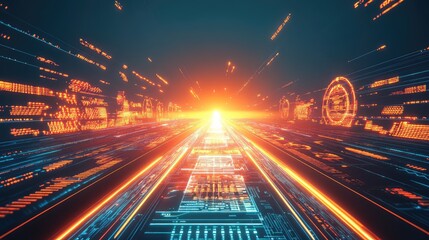Poster - A conceptual image of a futuristic air traffic control system glowing with holographic data, placed on a sleek background with blank space
