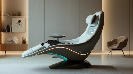 Poster - A conceptual image of a smart ergonomic chair with glowing tech-enabled features, placed in a sleek and neutral workspace