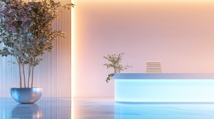 Poster - A conceptual image of a smart office lighting system glowing softly in a minimalist and sleek workspace, with ample copy space