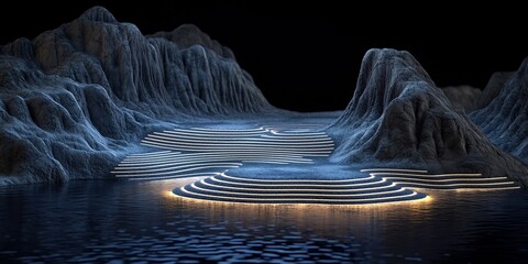 Poster - Mesmerizing hydrological visualization showcasing the dynamic interplay of water light and rugged terrain  Captivating topographical landscape with intricate waterways carving through the landscape