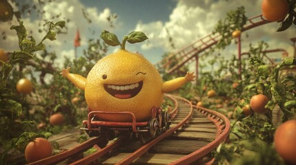 Poster - Happy lemon cartoon on a rollercoaster in an orange grove.