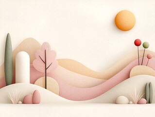 Poster - Serene natural landscape with a modern minimalist aesthetic  Delicate pastel color palette blending soft pink and beige tones complemented by subtle textures and sleek geometric shapes