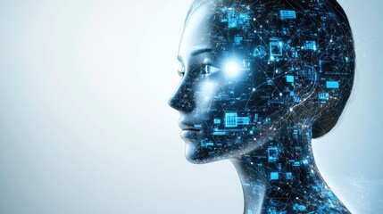Poster - A futuristic AI-powered business assistant interface glowing softly, placed against a clean neutral background with ample copy space