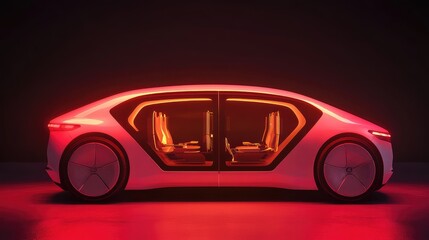 Poster - A futuristic autonomous car glowing softly with smart technology elements, parked on a minimalist background with ample copy space