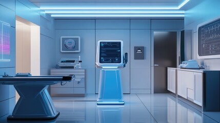 Poster - A futuristic health check station glowing softly, symbolizing innovation in diagnostics, with a clean minimalist background