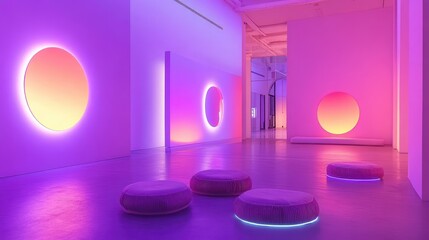 Poster - A futuristic room illuminated by dynamic smart lighting, casting soft glows on walls and creating a calming ambiance with blank space